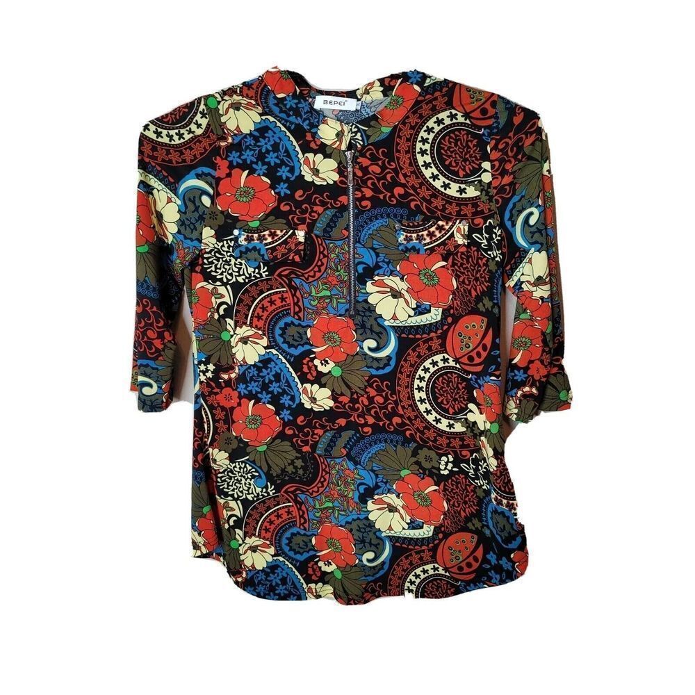 Bepei Women's 70s Look Red Floral Shirt Size Medium t72
